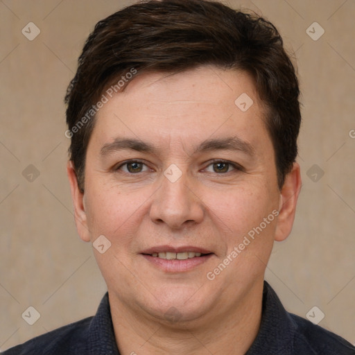 Joyful white adult male with short  brown hair and brown eyes