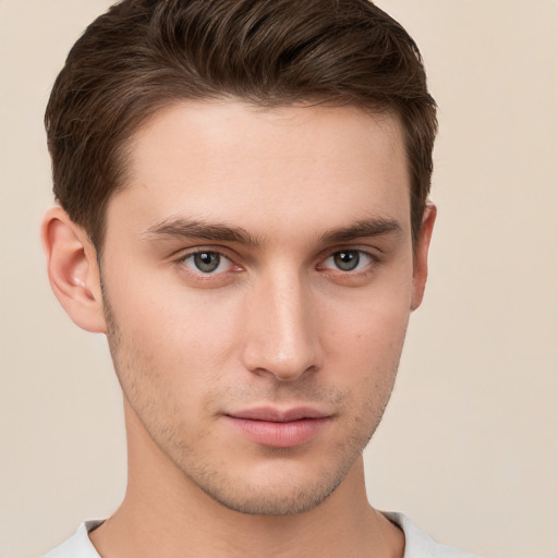 Neutral white young-adult male with short  brown hair and brown eyes