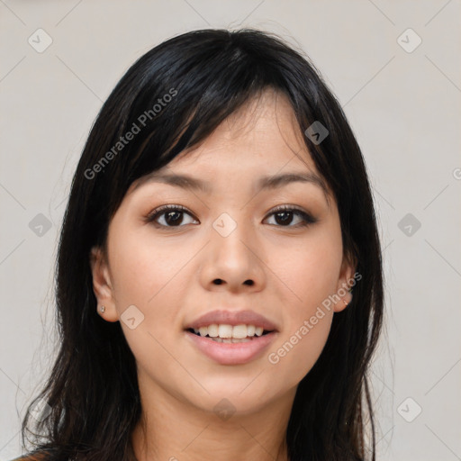 Joyful asian young-adult female with long  black hair and brown eyes