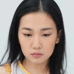 Neutral asian young-adult female with long  black hair and brown eyes