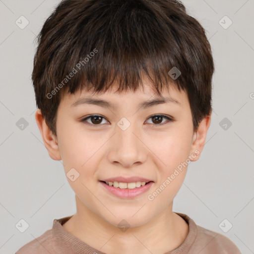 Joyful white child female with short  brown hair and brown eyes