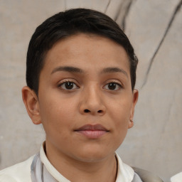 Neutral white young-adult female with short  brown hair and brown eyes