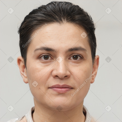 Joyful white young-adult female with short  brown hair and brown eyes