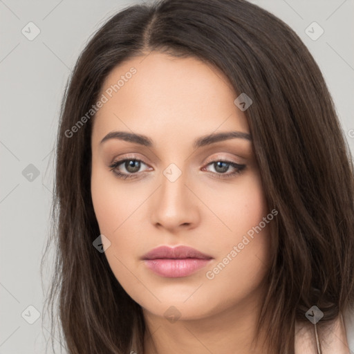 Neutral white young-adult female with long  brown hair and brown eyes