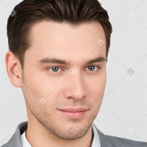 Neutral white young-adult male with short  brown hair and brown eyes