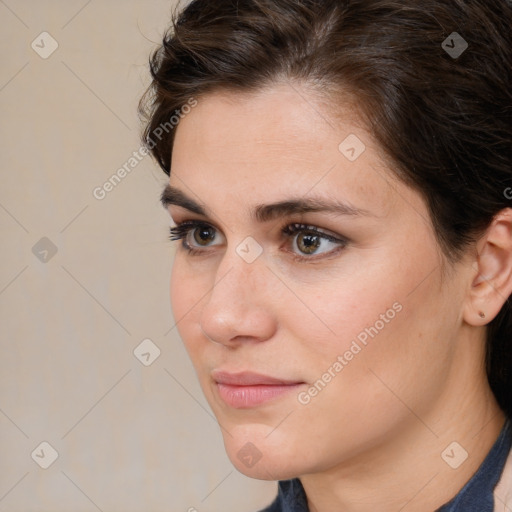 Neutral white young-adult female with medium  brown hair and brown eyes