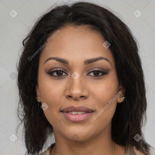 Joyful latino young-adult female with medium  brown hair and brown eyes