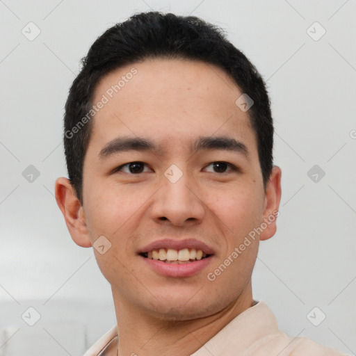 Joyful white young-adult male with short  black hair and brown eyes