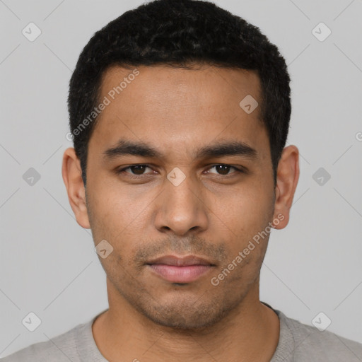 Neutral latino young-adult male with short  black hair and brown eyes