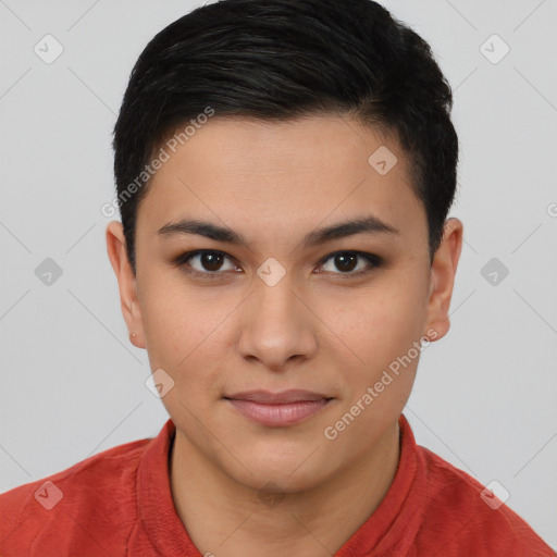 Joyful asian young-adult female with short  brown hair and brown eyes