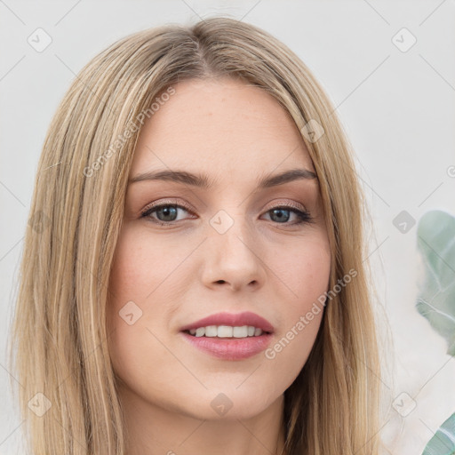 Joyful white young-adult female with long  brown hair and green eyes