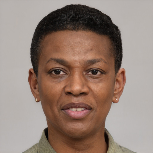Joyful black adult female with short  black hair and brown eyes