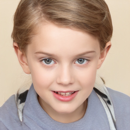 Joyful white child female with short  brown hair and grey eyes