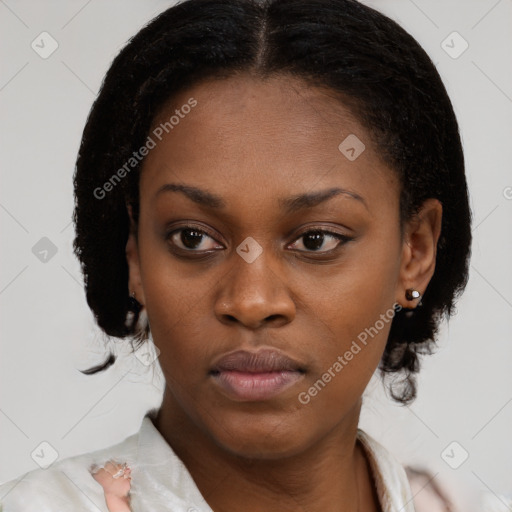 Neutral black young-adult female with medium  brown hair and brown eyes