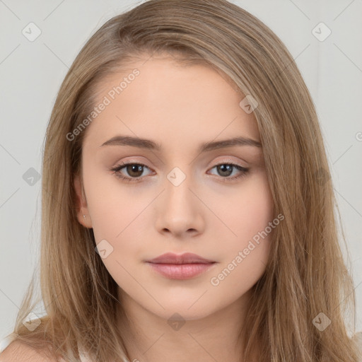 Neutral white young-adult female with long  brown hair and brown eyes