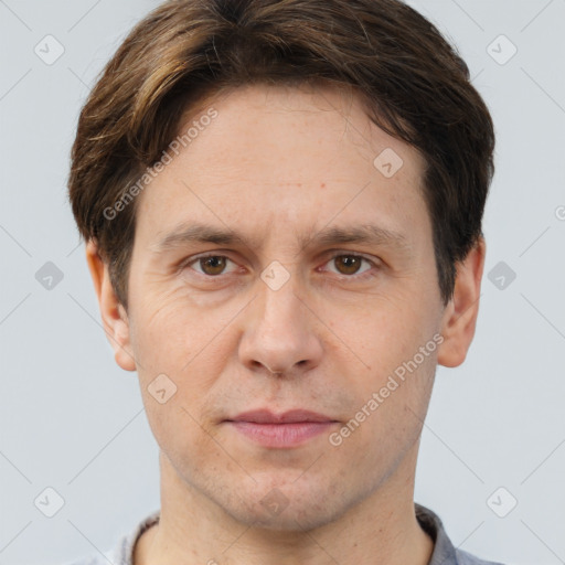 Neutral white adult male with short  brown hair and brown eyes