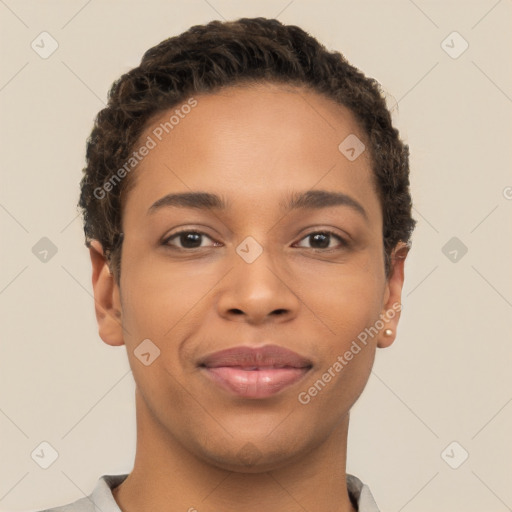 Joyful latino young-adult female with short  brown hair and brown eyes