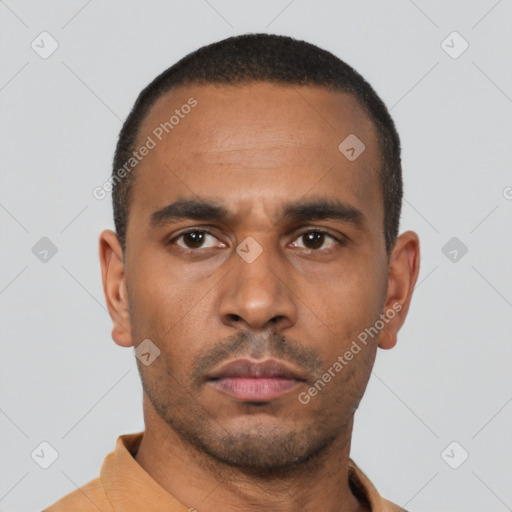 Neutral latino young-adult male with short  black hair and brown eyes