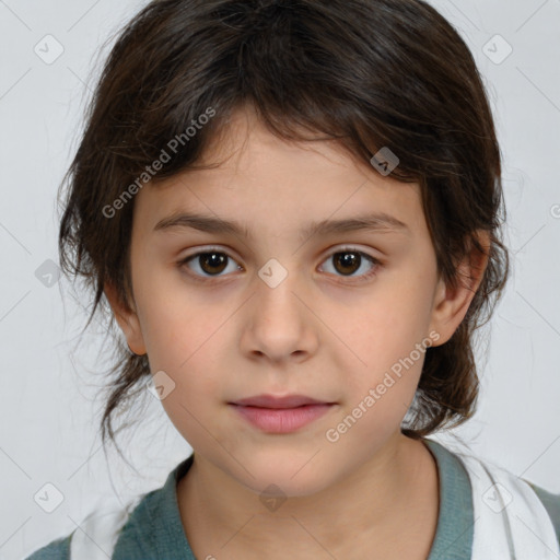 Joyful white child female with medium  brown hair and brown eyes