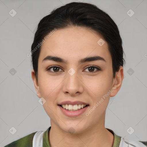 Joyful white young-adult female with short  brown hair and brown eyes