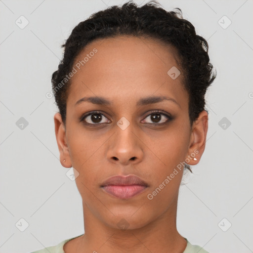 Neutral black young-adult female with short  brown hair and brown eyes