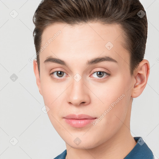 Neutral white young-adult male with short  brown hair and brown eyes