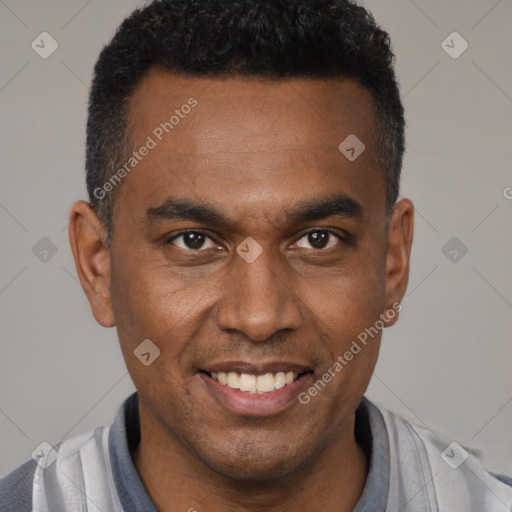 Joyful latino young-adult male with short  black hair and brown eyes