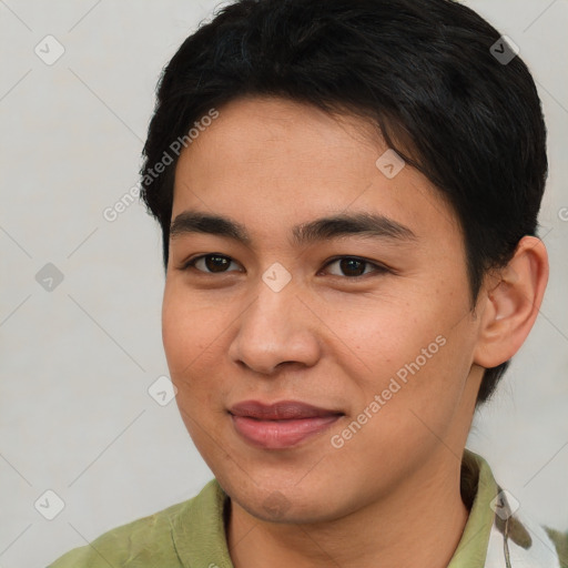 Joyful asian young-adult female with short  brown hair and brown eyes