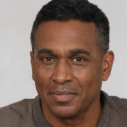 Joyful black adult male with short  black hair and brown eyes