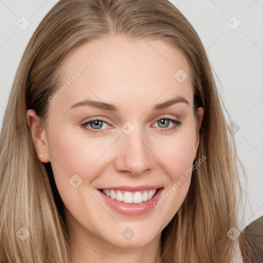 Joyful white young-adult female with long  brown hair and grey eyes