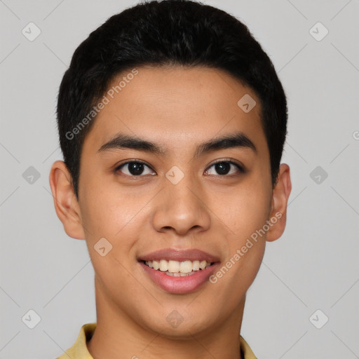 Joyful latino young-adult male with short  black hair and brown eyes