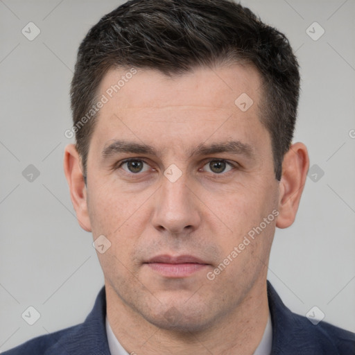 Neutral white adult male with short  brown hair and brown eyes