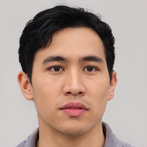 Neutral asian young-adult male with short  black hair and brown eyes