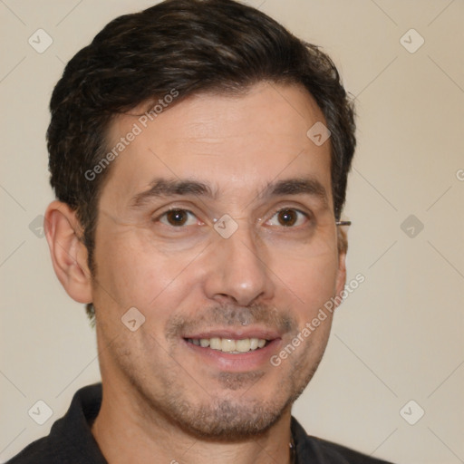 Joyful white adult male with short  brown hair and brown eyes