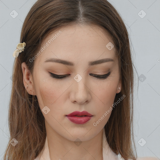 Neutral white young-adult female with long  brown hair and brown eyes