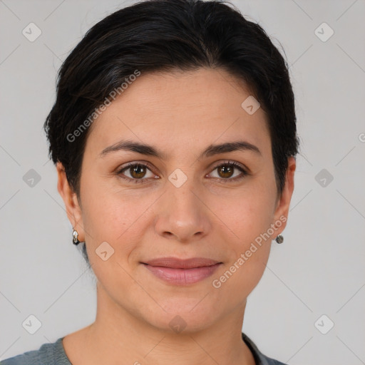 Joyful white young-adult female with medium  brown hair and brown eyes