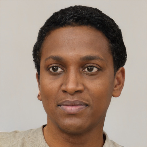 Neutral black young-adult male with short  black hair and brown eyes