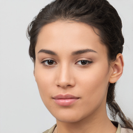 Neutral white young-adult female with medium  brown hair and brown eyes