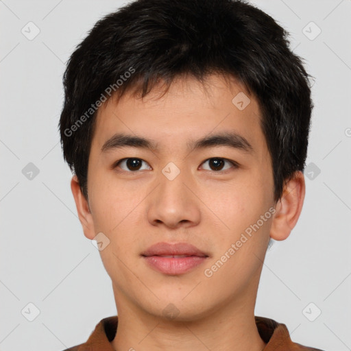 Neutral asian young-adult male with short  brown hair and brown eyes