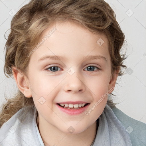 Joyful white child female with medium  brown hair and blue eyes