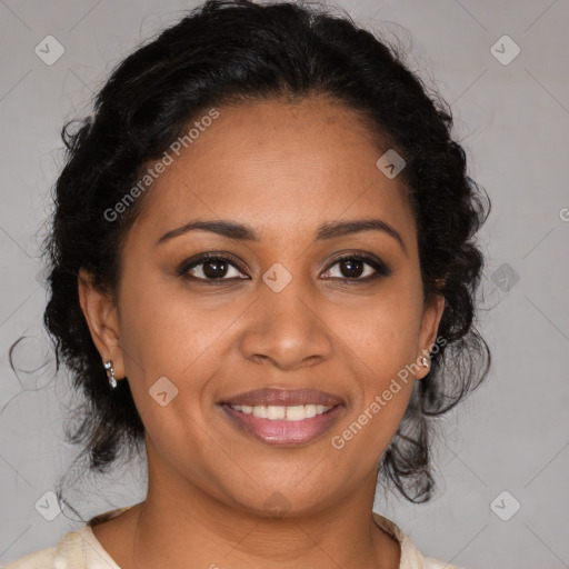 Joyful black young-adult female with medium  brown hair and brown eyes