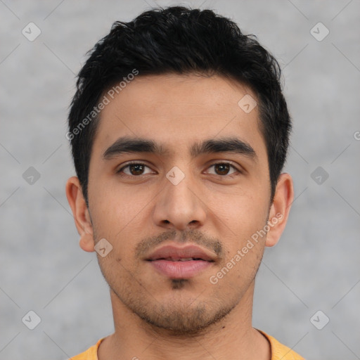 Neutral asian young-adult male with short  black hair and brown eyes