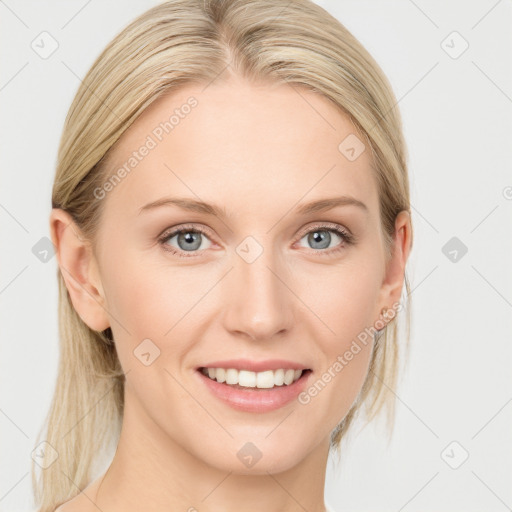 Joyful white young-adult female with medium  brown hair and blue eyes