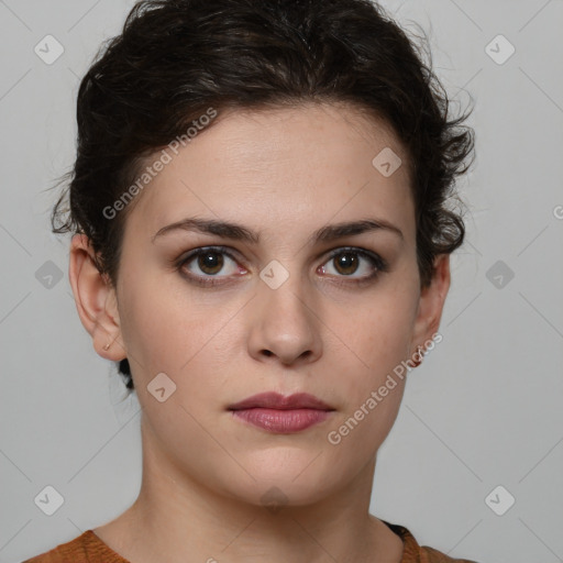 Neutral white young-adult female with short  brown hair and brown eyes