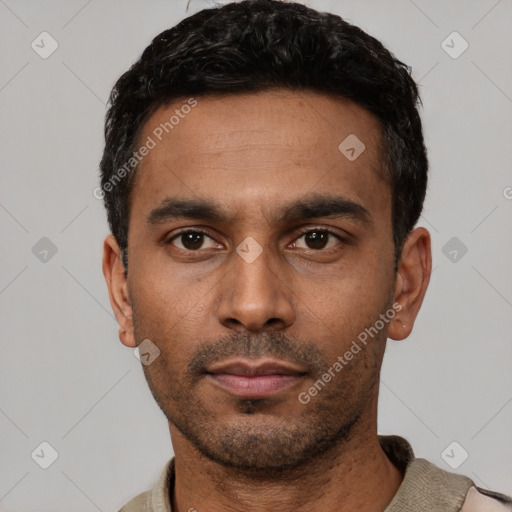 Neutral latino young-adult male with short  black hair and brown eyes