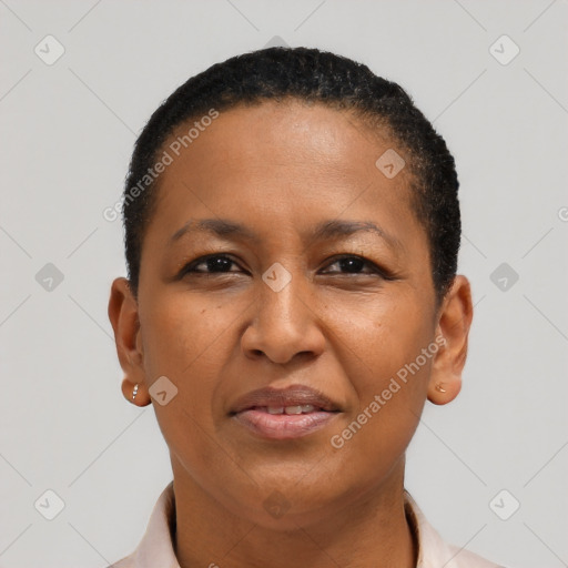 Joyful black adult female with short  brown hair and brown eyes