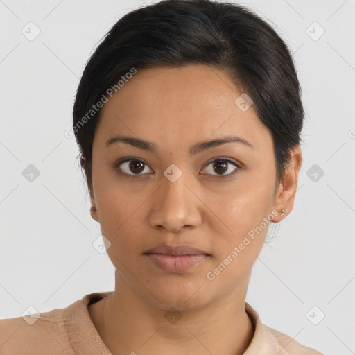 Neutral latino young-adult female with short  brown hair and brown eyes