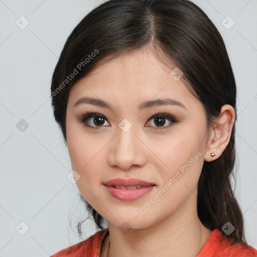 Joyful white young-adult female with medium  brown hair and brown eyes