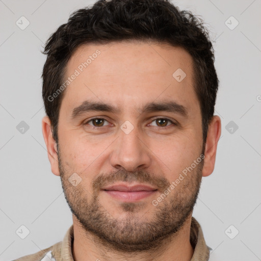 Neutral white young-adult male with short  brown hair and brown eyes