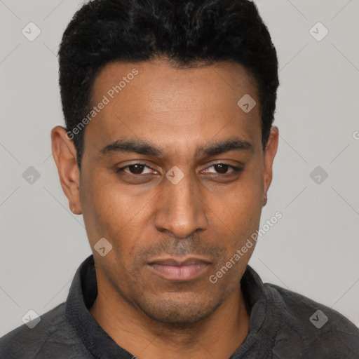 Neutral latino young-adult male with short  black hair and brown eyes
